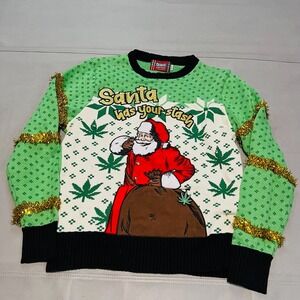 VTG 90s Ugly Christmas Xmas Sweater Men M Santa Clause 420 Weed Marijuana-M-4121
